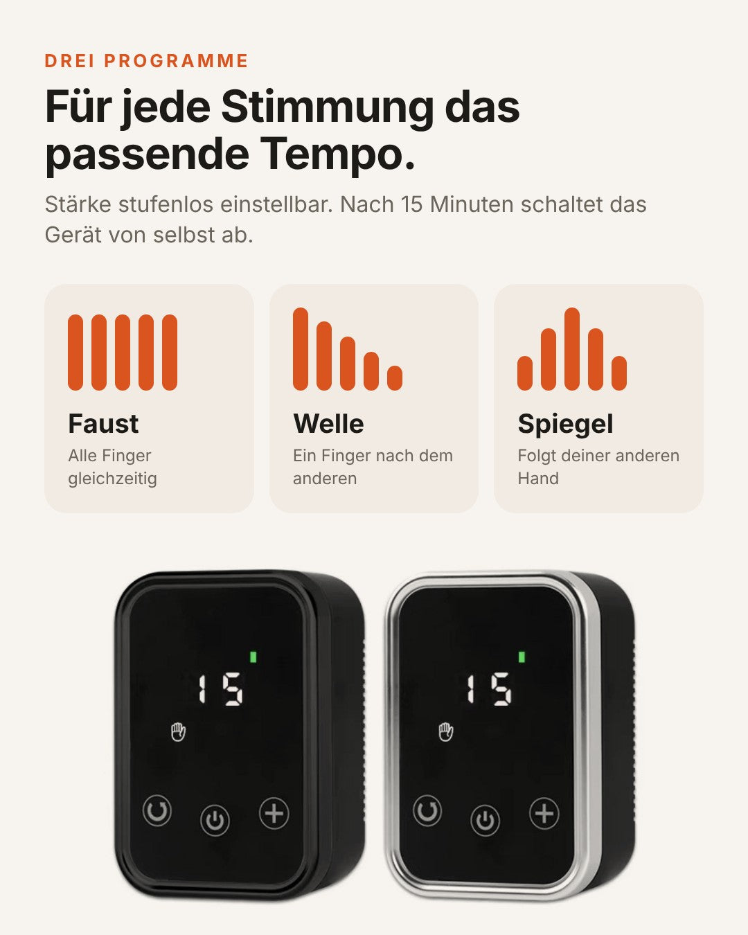 Drei Programme: Faust, Welle, Spiegel – Stärke stufenlos einstellbar