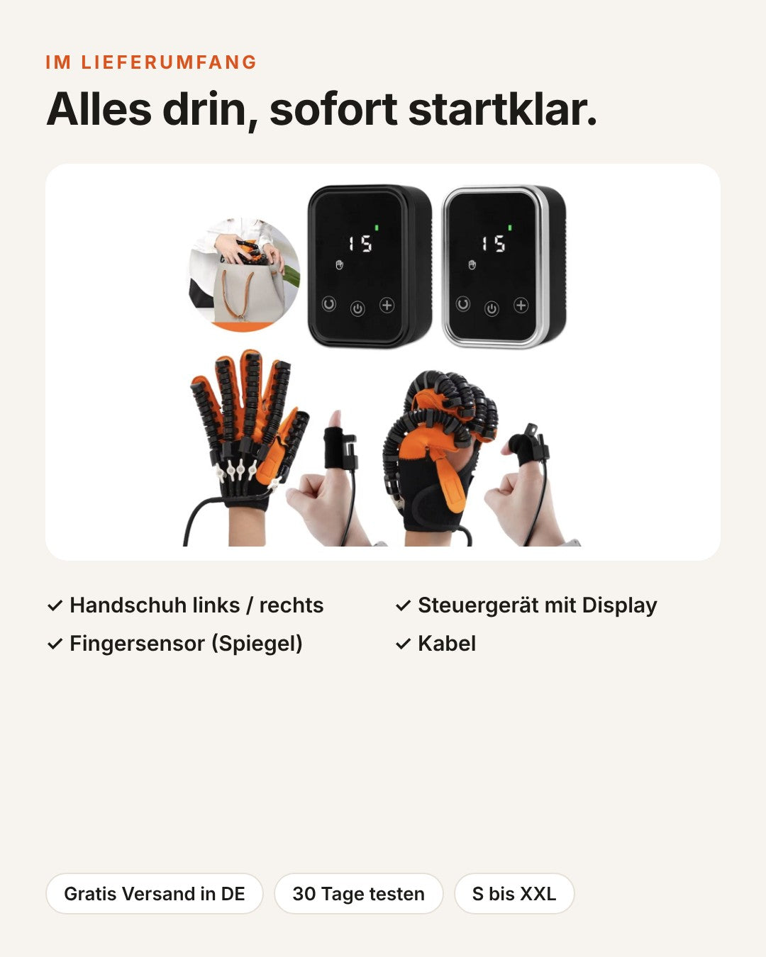 Werbebild: Lieferumfang des Handtrainers