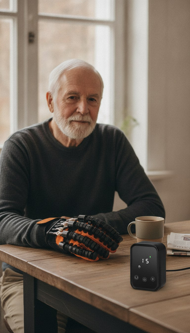 Symbolbild (KI-generiert): Senior mit dem MOVA Handtrainer am Küchentisch