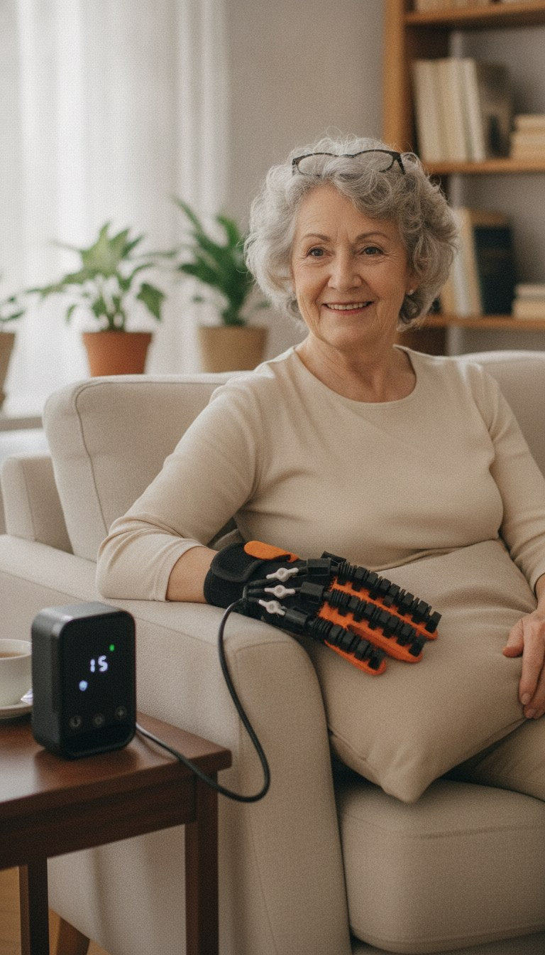 Symbolbild (KI-generiert): Seniorin nutzt den MOVA Handtrainer auf dem Sofa