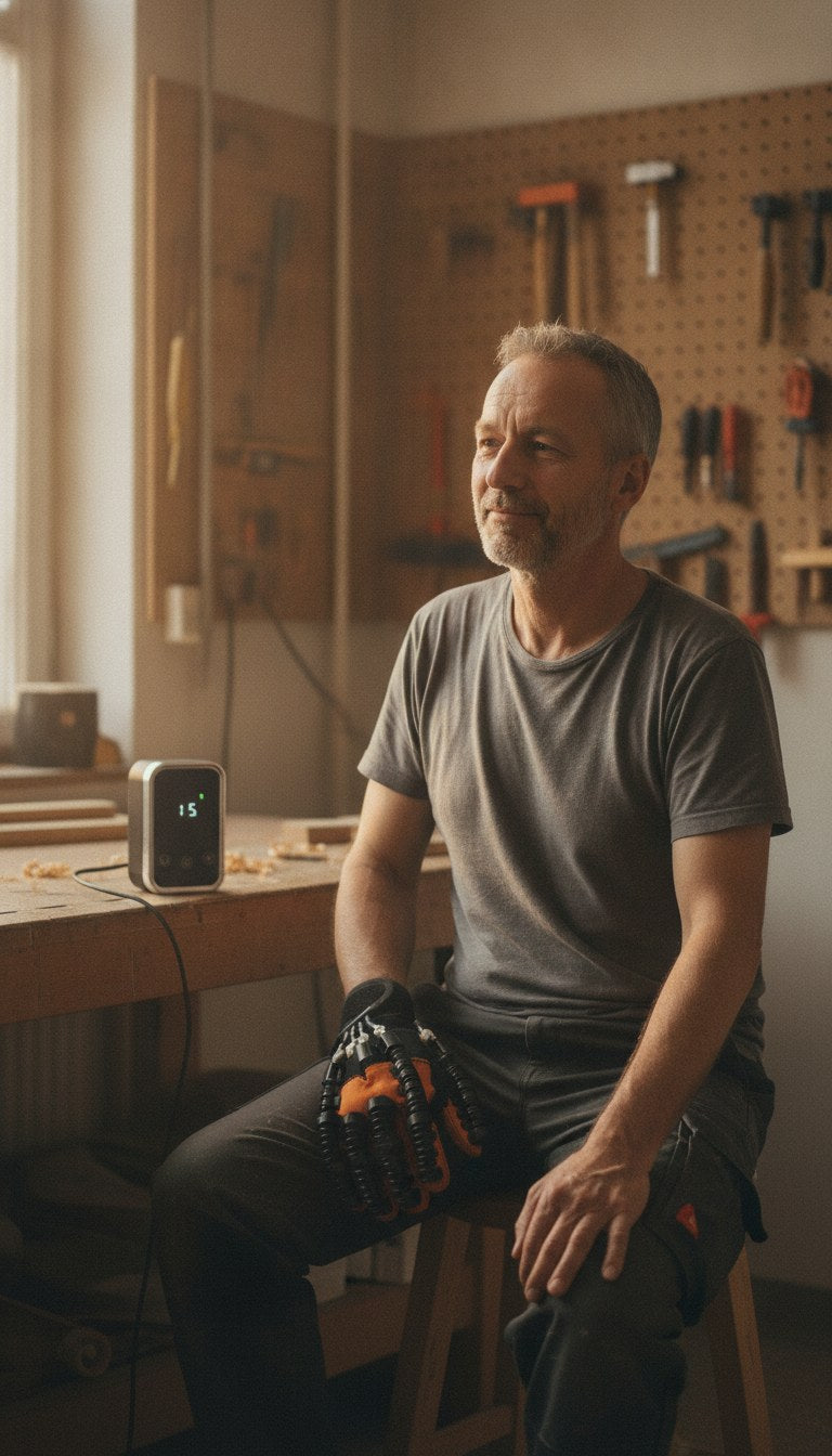 Symbolbild (KI-generiert): Handwerker mit dem MOVA Handtrainer nach Feierabend