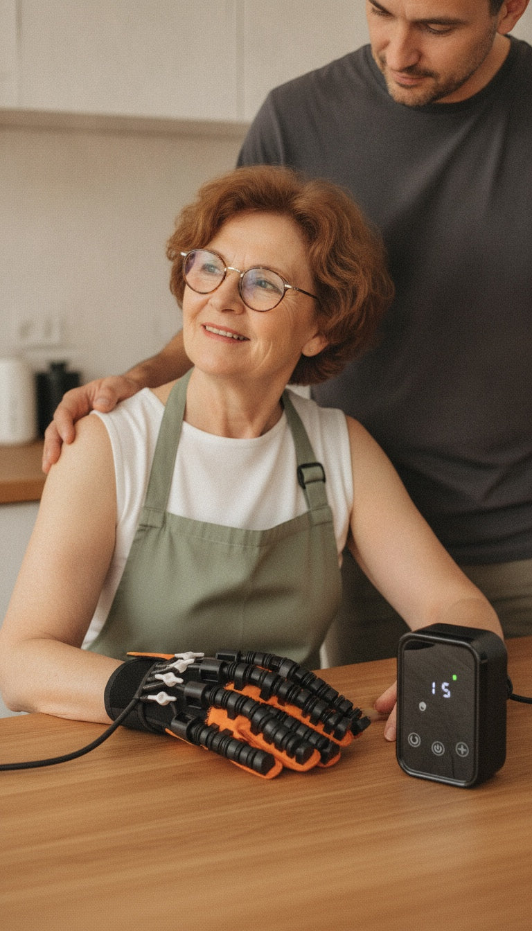 Symbolbild (KI-generiert): Mutter mit dem MOVA Handtrainer am Küchentisch, ihr Sohn neben ihr