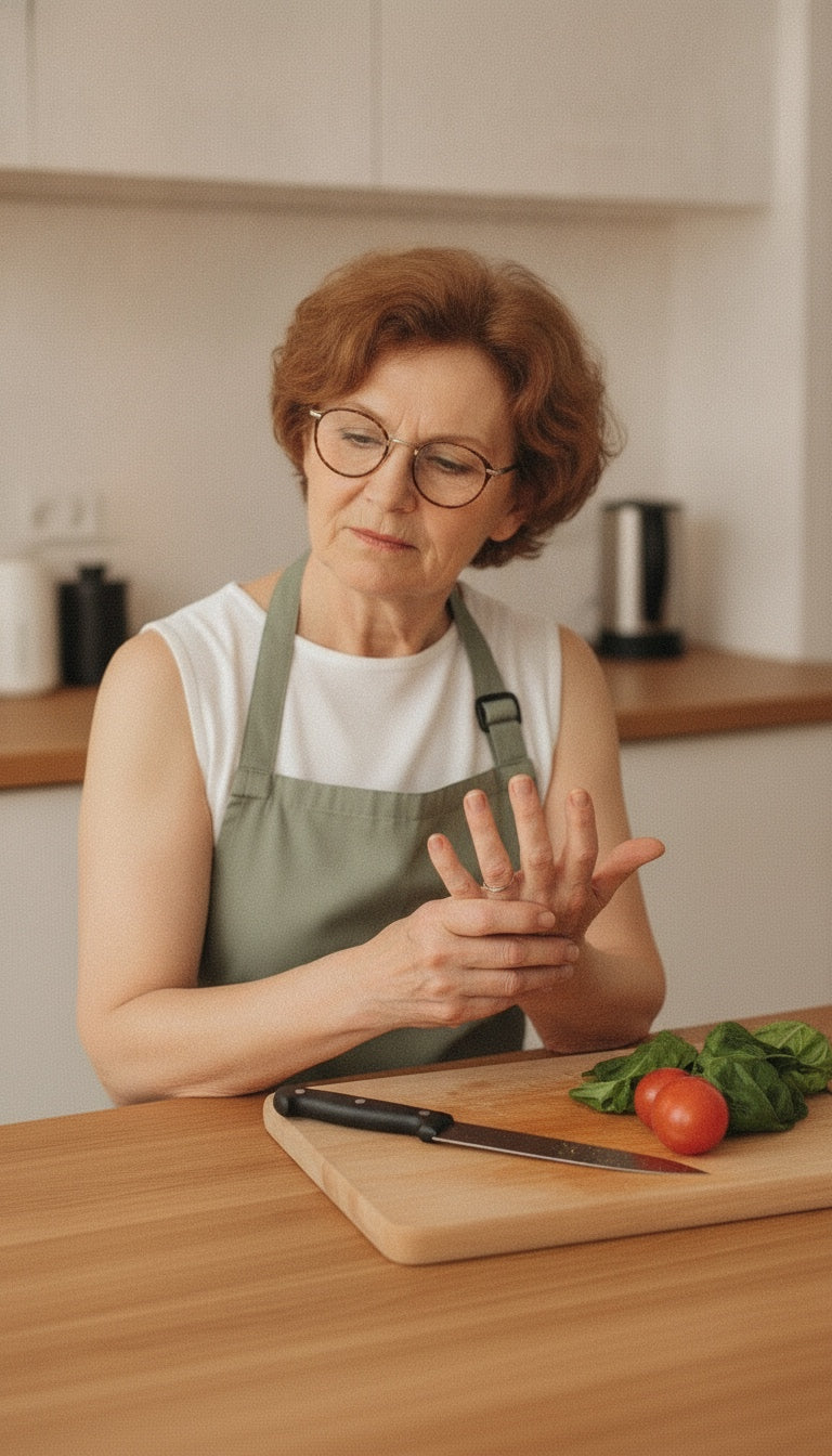 Symbolbild (KI-generiert): Frau in der Küche schaut auf ihre müde Hand
